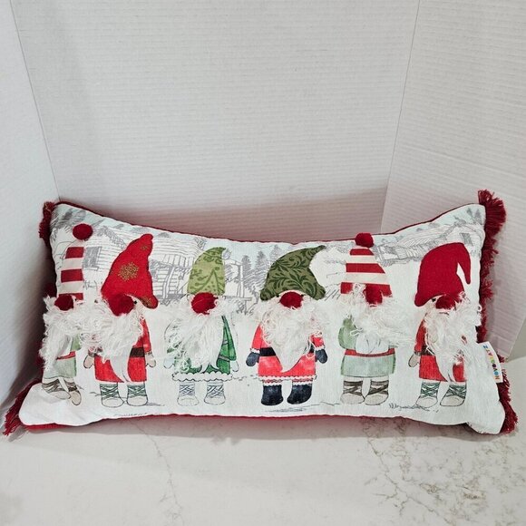 Novogratz Christmas Gnome Throw Pillow With Red Fringe & Zipper Closure 23"x12" - Picture 1 of 8